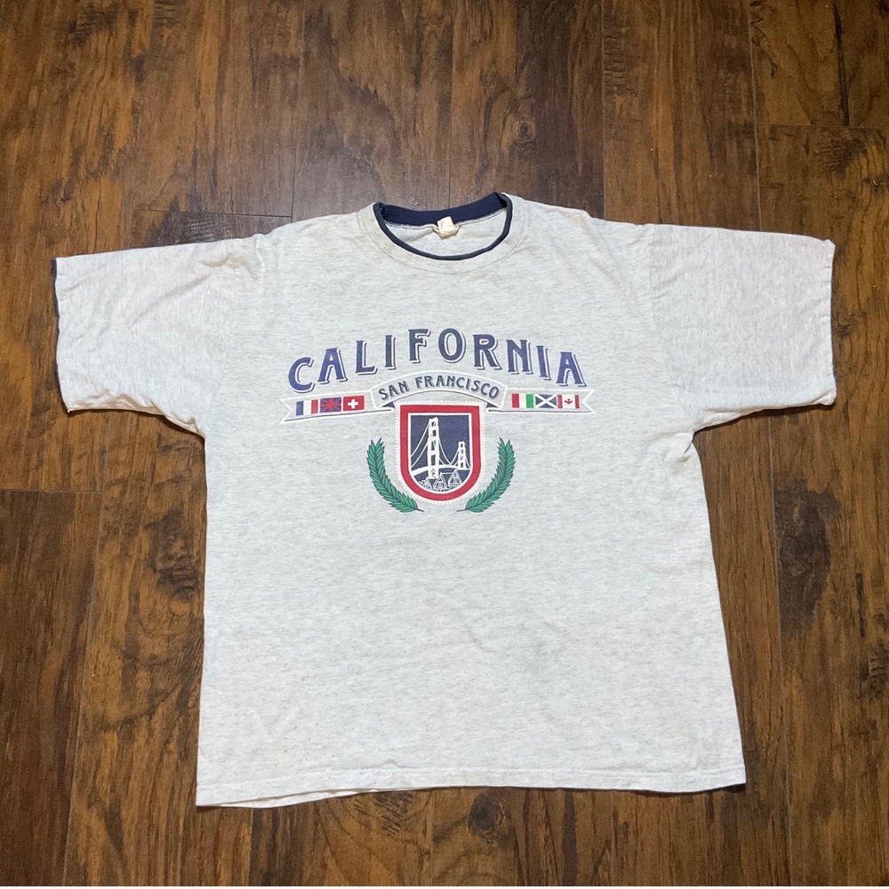 Vintage California San Francisco Ringer T-Shirt Heather Gray Graphic Tee Medium